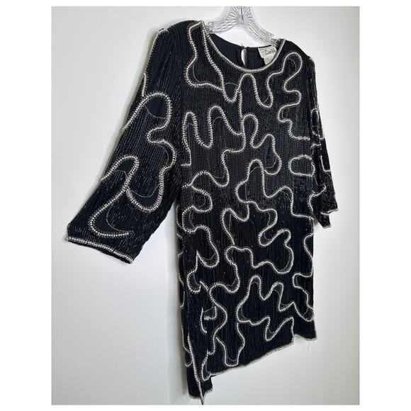 Vintage Michelle Yim for Zimble Silk Beaded Mini Dress Black Pearl 80s Glam M - Picture 7 of 16